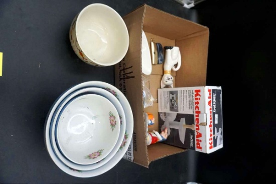 Nesting bowls, KitchenAid attachment, food grinder, ashtray, figurines, and more.