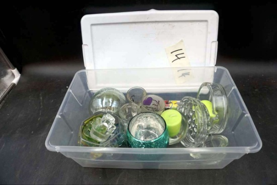 Assorted glassware, ashtrays, candleholders.