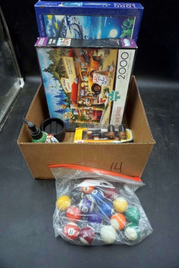 Puzzles, small pool balls, batteries, figurines.