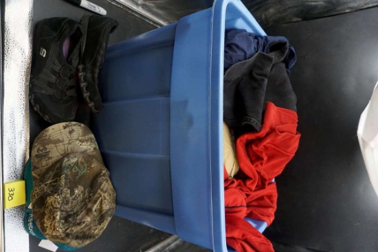 Tote full of clothes. Skechers shoes, realtree hat, jackets, and more.