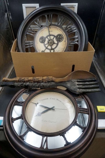 Clocks, large utensils, decor.
