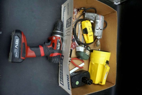 Box of tools, stud Finder, flashlight, drills, batteries, wrenches, and more.
