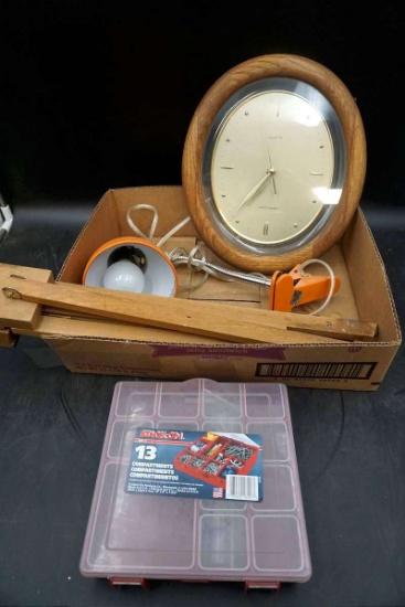 Orange clip on work light, clock, organizer bin, and more.