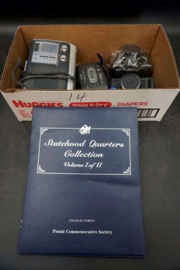 State quarters collection, vintage cameras, cassette player, weather radio.