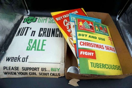 Vintage cardboard advertising signs, Christmas, Girl Scouts, and more.
