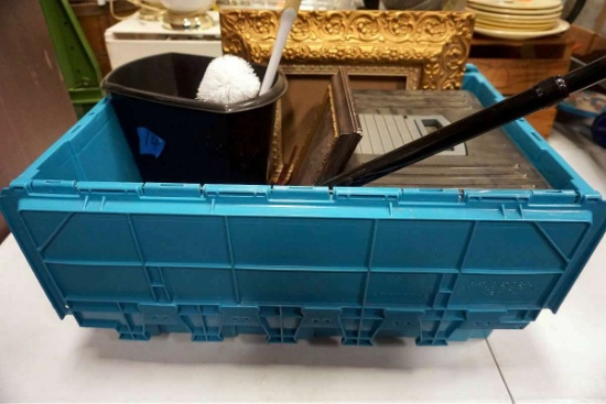 Heavy duty blue tote, heavy duty filebox, trash can, cane, artwork, picture frames.