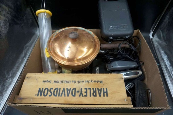 Harley-Davidson wooden box, copper pans, hair Clippers, bird feeders, and more.