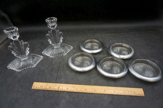 Candle sticks, glassware.