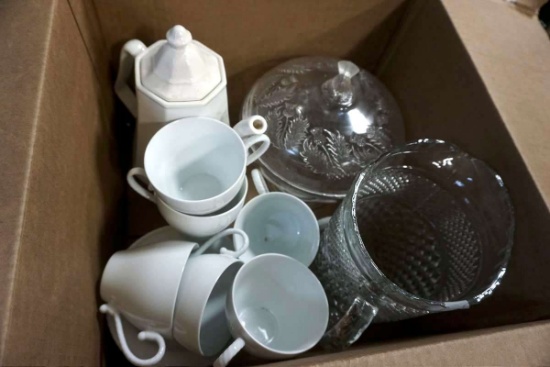 Cups and saucers, water pitcher, dish with lid, coffee pot. William Sonoma. Cape Cod.
