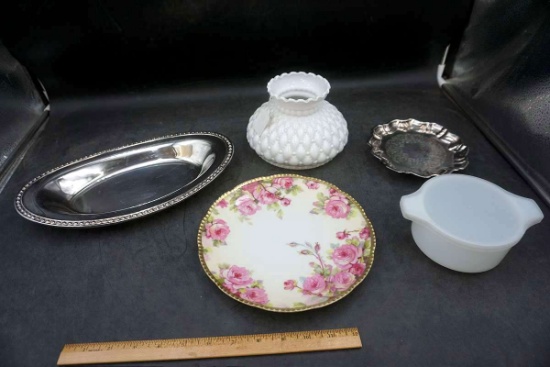 Trays, plates, Tupper Ware, lampshade.