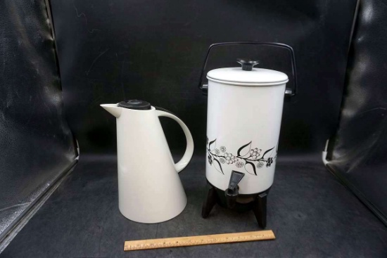 Coffee, percolator and coffee carafe.