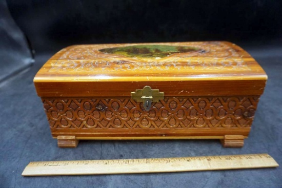 Handpainted, Carved Wooden box w/ Mirror