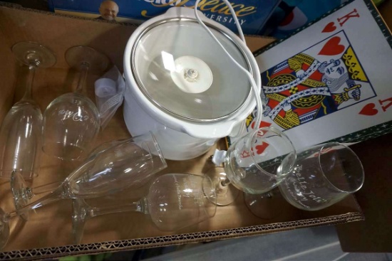 Jumbo playing cards, crockpot, glassware.