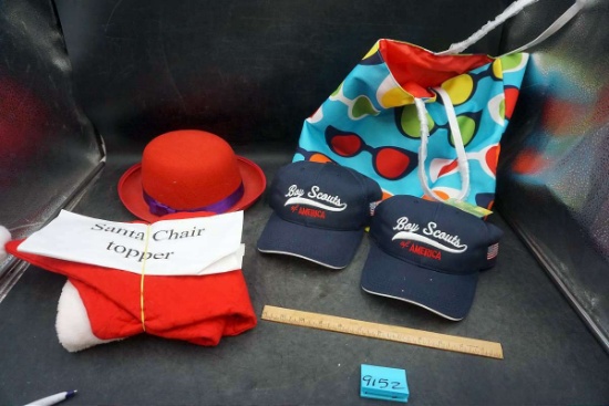 Santa Chair Topper, bowler hat, Boy Scouts hats, sunglasses bag.