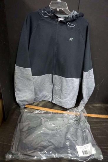 XL Zip up sweater, L shirt.