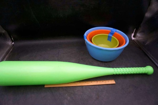 Nesting bowls, Plastic bat.