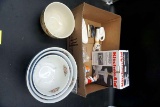 Nesting bowls, KitchenAid attachment, food grinder, ashtray, figurines, and more.