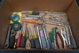 Box of tools, ratchets, wrenches, vice grips, wire, and more.