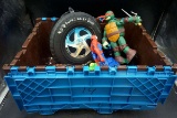 Heavy duty tote. Hot Wheels, Super Rally case, Batman, Ninja Turtles action figures, football, cars,