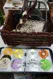 Heavy duty brown tote, eagle figurines, artwork, Binder full of CDs. Desk organizers, lumbar support