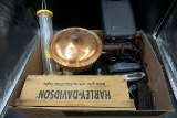 Harley-Davidson wooden box, copper pans, hair Clippers, bird feeders, and more.