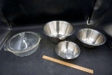 Stainless nesting bowls, fire king casserole with lid.