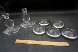 Candle sticks, glassware.