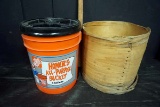 5 gallon bucket, wooden barrel.