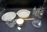 Plates, pie, plate, juicer, bottles, glassware.