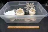 Tote with Christmas ornaments, glassware, dresser, box, and more.