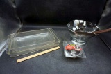 Casseroles, sink stopper, glass bowls.