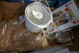 Jumbo playing cards, crockpot, glassware.
