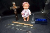 Doll, crystal Washington Monument, jewelry, crucifix.