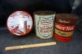 Vintage coffee cans, peanut cans, pheasant metal canister.