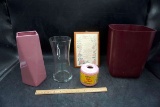 Assorted glassware, vases, string, artwork, wastebin.