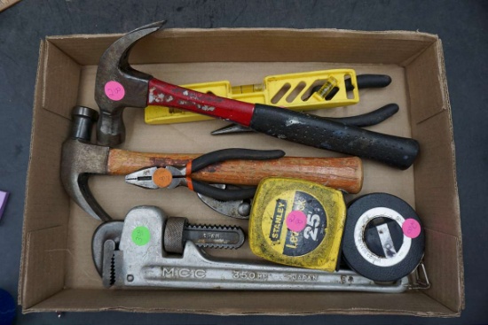 Box of Tools, Pipe Wrench, Hammers, Tape Measure