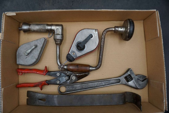 Box of Tools, Hand Drill, Chalk Lines & More