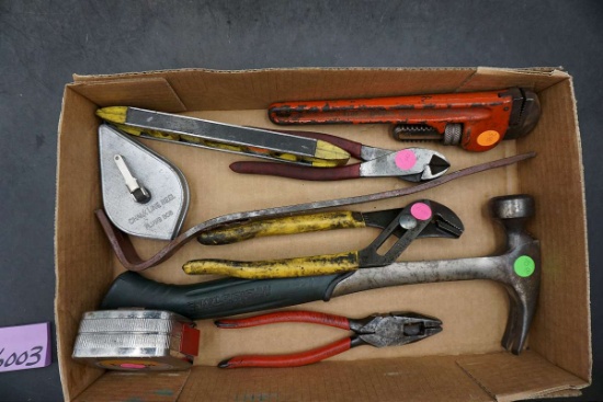 Box of Tools, Pipe Wrench, Hammers, Tape Measure & More