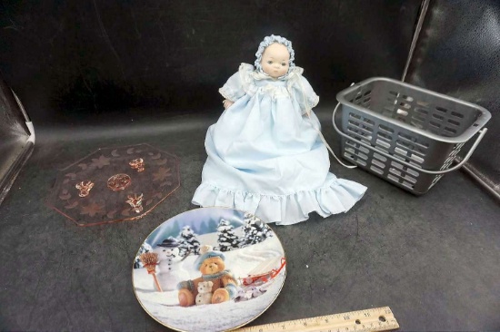 Various Items - Doll, Plates, Basket,