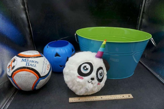 Various Toys - Ball, Bucket, Stuffed Animal