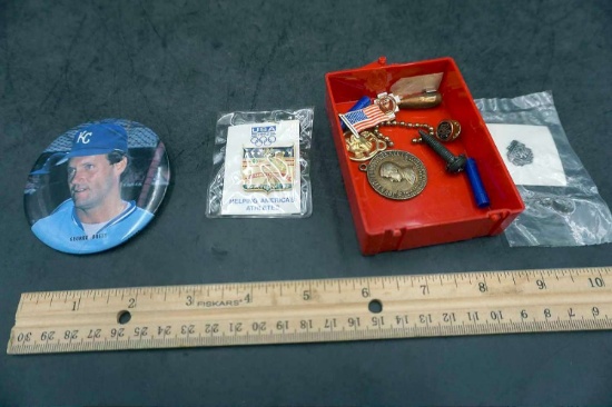 Assorted Pendants, Pins and Buttons