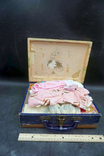 Old Child's Suitcase w/ Doll Clothing