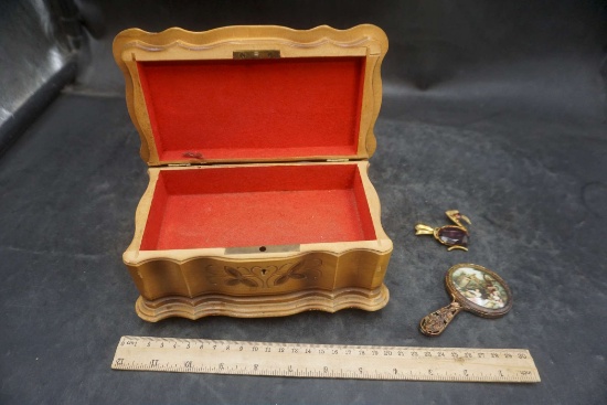 Beautiful Hand Mirror, Bird Brooch & Wooden Jewelry Box