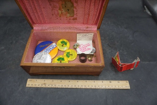 Wooden Jewelry Box w/ Matchbooks & Buttons
