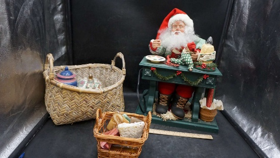 Baskets w/ Urns, Candle, Santa Sitting at Desk, Soap Pieces