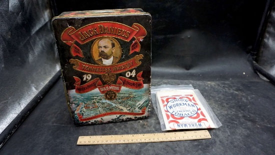 Jack Daniels Tin Container (bent) & Union Workman Tobacco Bag