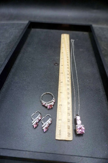 Stainless Steel Pink Stone Earrings, Ring & Necklace