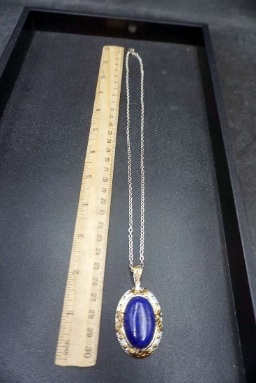 Sterling Silver Blue Stone Pendant Plated Yellow Gold 20"Necklace
