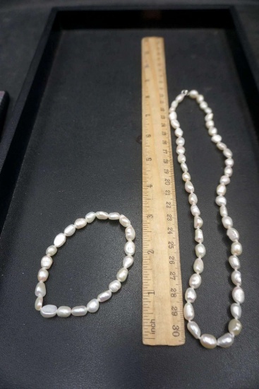 Sterling Silver Real Pearl Bracelet & Necklace