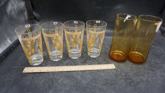 4 Yellowstone Glasses & 2 Amber Covered Vases